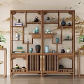Traditional Wooden Chinese Display Shelf With Tea Sets Vases And Books