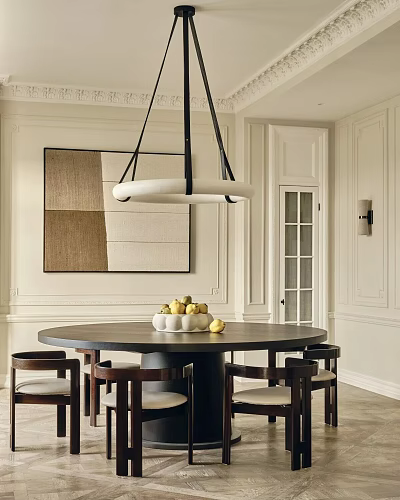 Elegant Dining Room With Round Table White Fruit Bowl Pendant Light And Artwork 3d model