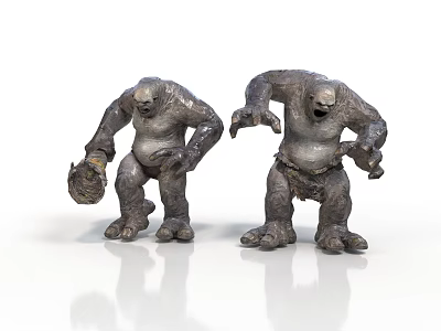 Two Giant Ape Sculptures Displaying Bent Postures Holding Rock And Open Mouth Features 3d model