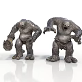 Two Giant Ape Sculptures Displaying Bent Postures Holding Rock And Open Mouth Features