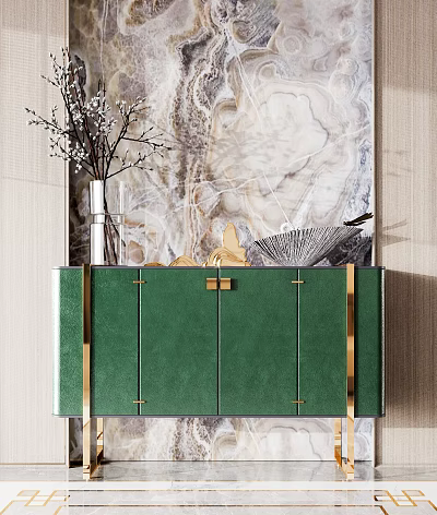 Green Entryway Side Cabinet With Gold Accents Vase And Decorative Items 3d model