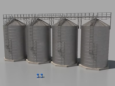 Four Large Metal Storage Silos With Ladders And Blue Containers Nearby 3d model