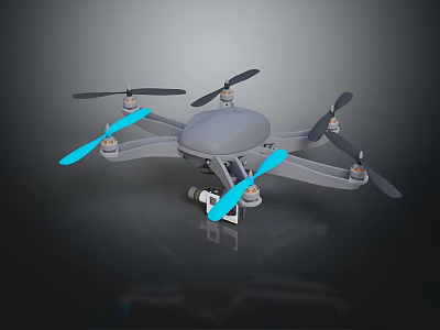 Gray Drone With Four Propellers Blue Blades And Bottom Mounted Camera 3d model