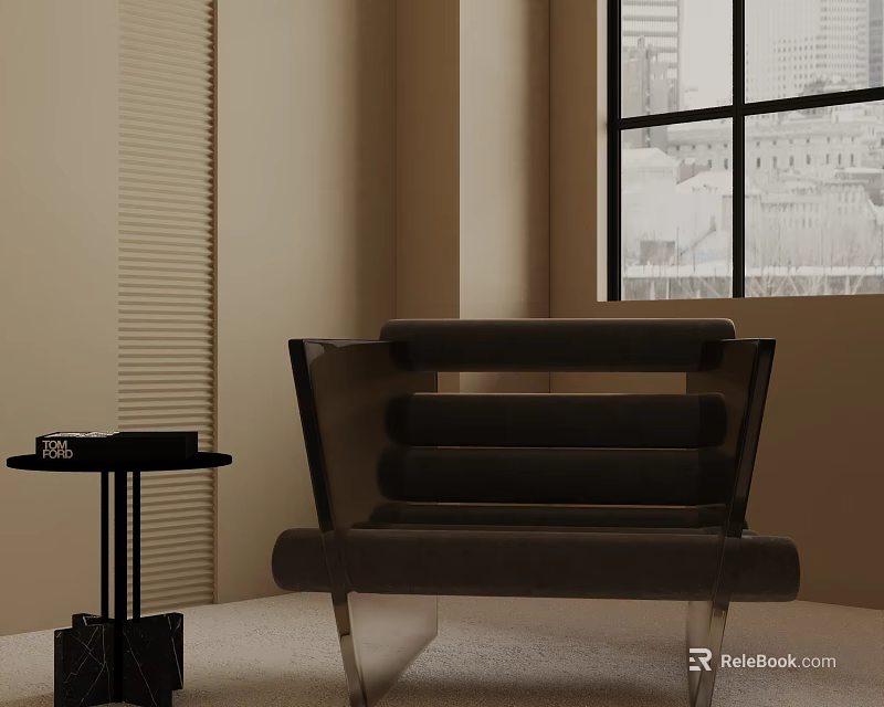Modern Dark Leisure Chair With Side Table By Window And City View 3d model 