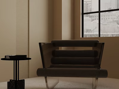 Modern Dark Leisure Chair With Side Table By Window And City View 3d model