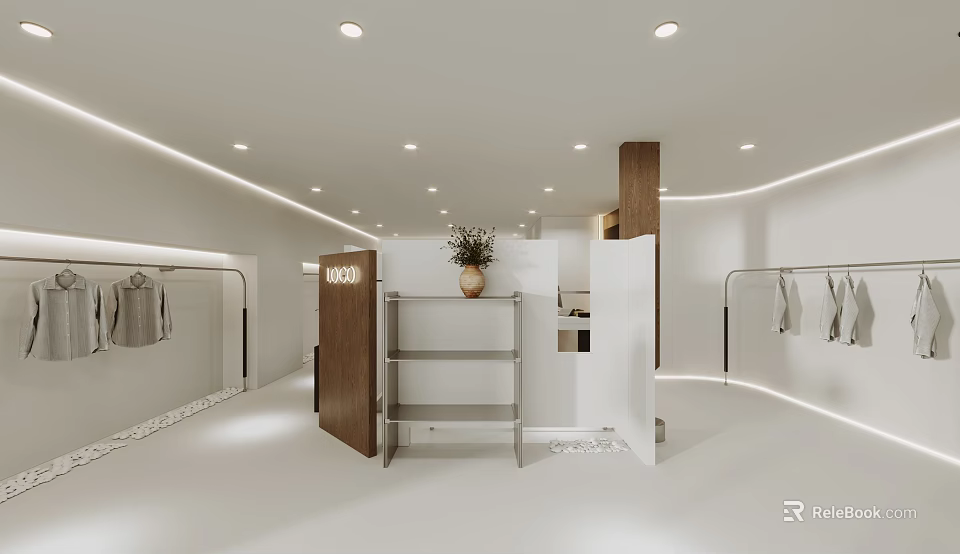 Modern Clothing Store Interior With White Space Wooden Shelves Potted Plant And Hanging Clothes 3d model 