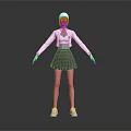 3D Character Creature In White Top Gray Pleated Skirt With Red Sunglasses And White Cap