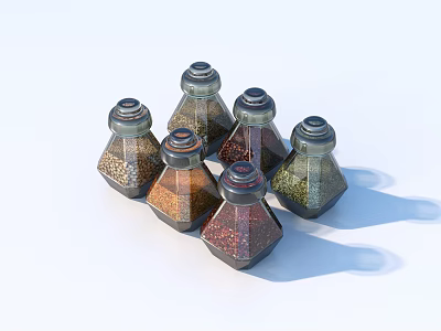Set of Six Geometric Glass Spice Bottles with Different Colored Spices and Dark Lids 3d model