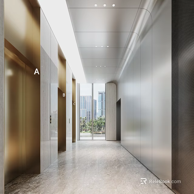 Modern Elevator Lobby Interior With Metallic Elevators And City View 3d model 