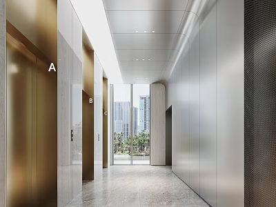Modern Elevator Lobby Interior With Metallic Elevators And City View 3d model