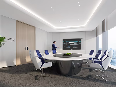 Modern Conference Room Interior With Round Table Blue White Chairs And Large Screen 3d model