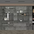 Modern Minimalist Stone Wall Background With Floating Shelves Built In Lighting And Decorative Vases Books