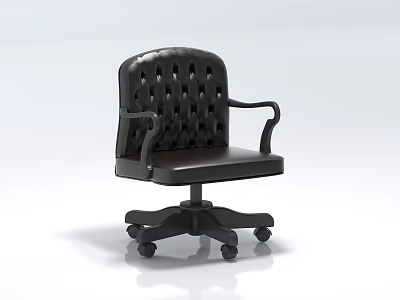 Black Leather Office Chair With Diamond Stitched Backrest And Armrests On Swivel Base With Wheels 3d model