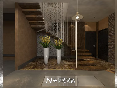 Elegant Tea House Interior With Wooden Staircase Yellow Flower Vases And Hanging Lamp 3d model