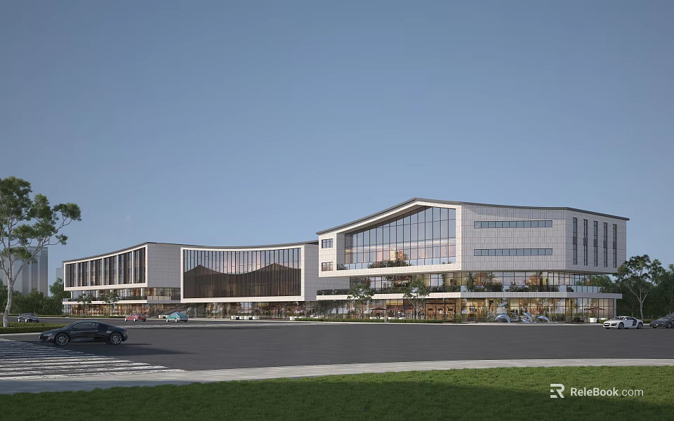 Modern Commercial Street With Glass Curtain Walls Multi Storey Buildings Parking Area And Greenery 3d model 