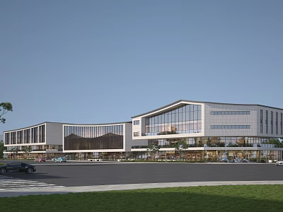 Modern Commercial Street With Glass Curtain Walls Multi Storey Buildings Parking Area And Greenery 3d model