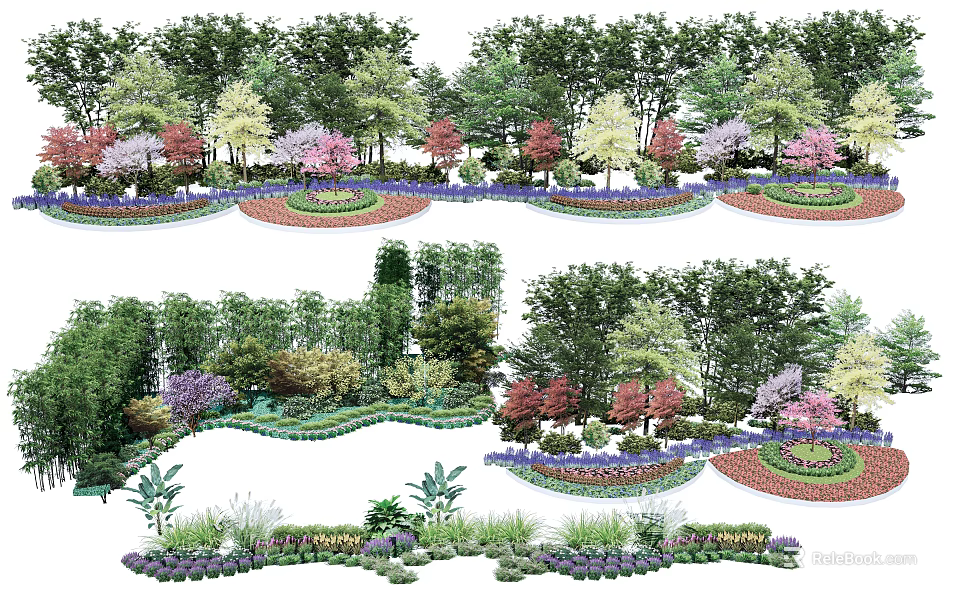 Various Arbor Species In Landscape Design With Colorful Flowers And Green Shrubs 3d model 