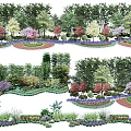 Various Arbor Species In Landscape Design With Colorful Flowers And Green Shrubs