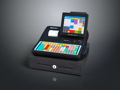 Modern Commercial POS System with Colorful Keypad Display Receipt Printer and Cash Drawer 3d model