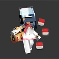 Pixelated Game Character With Colorful Hat Blue Hair Pink Scarf White Outfit And Red Fruits