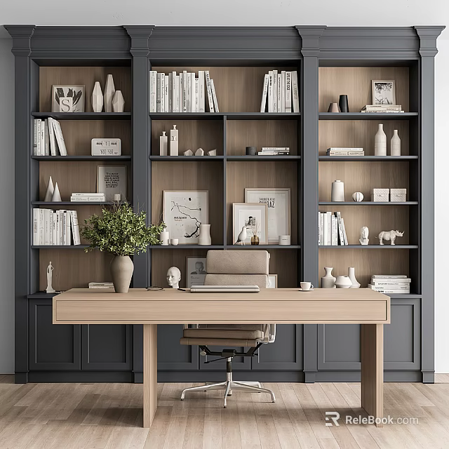 Modern Desk Interior With Bookshelves Books Photo Frames Decorations And Green Plant 3d model 