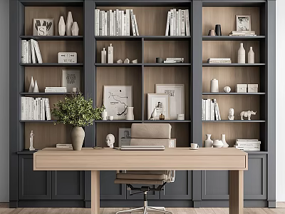 Modern Desk Interior With Bookshelves Books Photo Frames Decorations And Green Plant 3d model