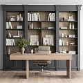 Modern Desk Interior With Bookshelves Books Photo Frames Decorations And Green Plant