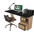 Modern Office Desk with Desk Lamp Computer Monitor Books Ergonomic Chair and Wooden Frame