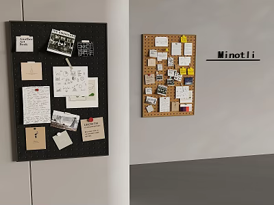 Creative Photo Wall Featuring Black And Light Corkboard With Stickers Papers And Minotti 3d model