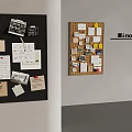 Creative Photo Wall Featuring Black And Light Corkboard With Stickers Papers And Minotti
