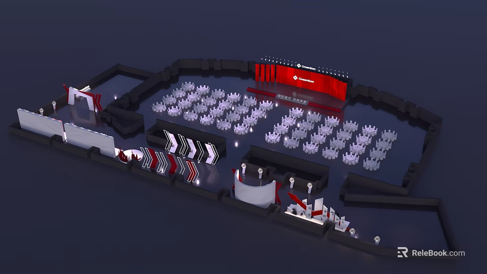 Event Venue Layout With Red Backdrop And Arranged White Seating Areas 3d model