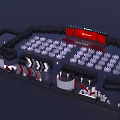 Event Venue Layout With Red Backdrop And Arranged White Seating Areas 3d model