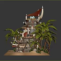 Cartoon Tropical Island Scene With Green Palm Trees Sandy Beach And Red Flag Building