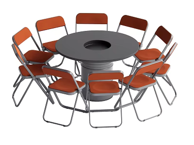 Round Dining Table with Gray Tabletop Central Hole Surrounded by Eight Orange Metal Frame Chairs 3d model