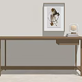 Minimalist Modern Wooden Desk With Abstract Painting Table Lamp And Books On White Wall