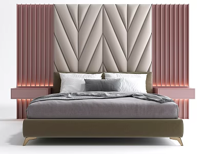 Modern Double Bed with Geometric Padded Headboard Pink Vertical Stripe Panels and Bedside Tables 3d model