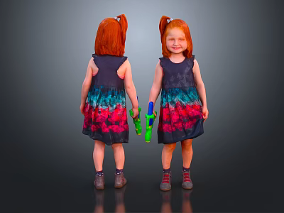 Red Haired Girls In Tie Dye Dresses Holding Toy Guns Back And Front View 3d model