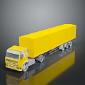 Yellow Box Truck with Trailer on Dark Background and Shiny Reflective Surface