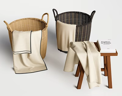 Stylish Woven Storage Baskets in Natural and Dark Brown with Soft Blankets and Wooden Stool 3d model