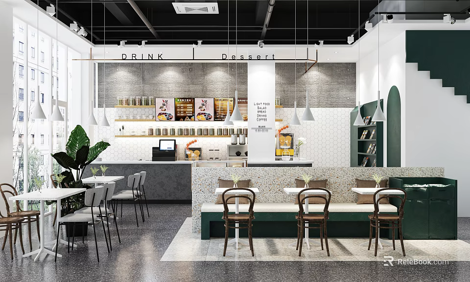 Modern Milk Tea Shop Interior With Bar Counter Seating And Green Plants 3d model 