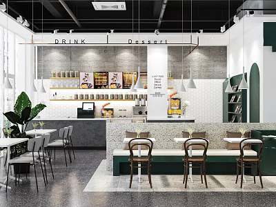 Modern Milk Tea Shop Interior With Bar Counter Seating And Green Plants 3d model
