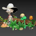 Kids Play Area Featuring Cartoon Cowboy Character White Cowboy Hat Green Plants And Colorful Flowers