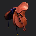 Brown Leather Saddle for Equestrian Sports on Blue Metal Stand