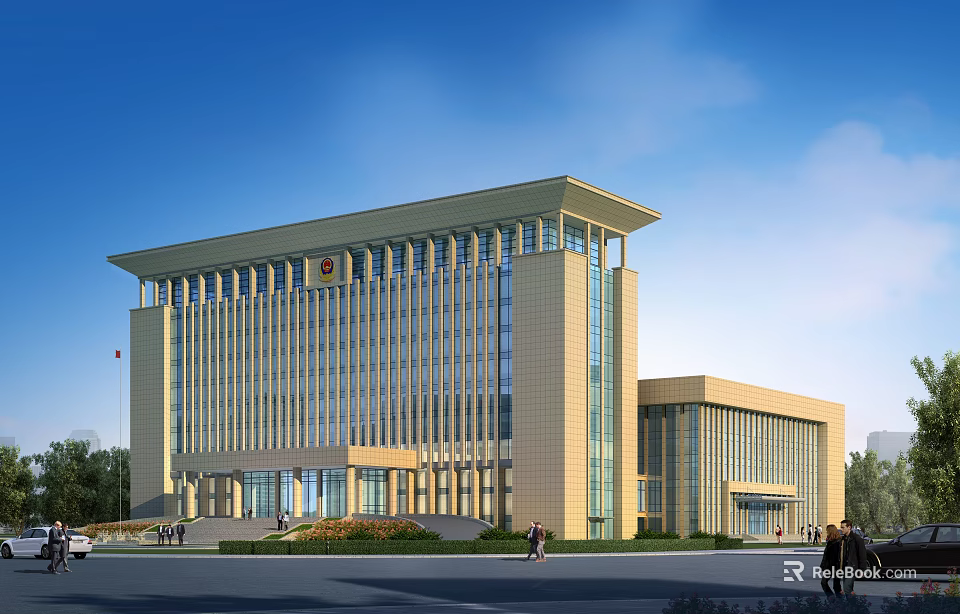 Modern Office Building With Yellow Facade Glass Windows Steps At Entrance Greenery And Blue Sky 3d model 