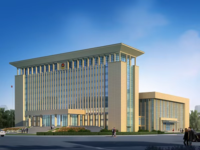 Modern Office Building With Yellow Facade Glass Windows Steps At Entrance Greenery And Blue Sky 3d model