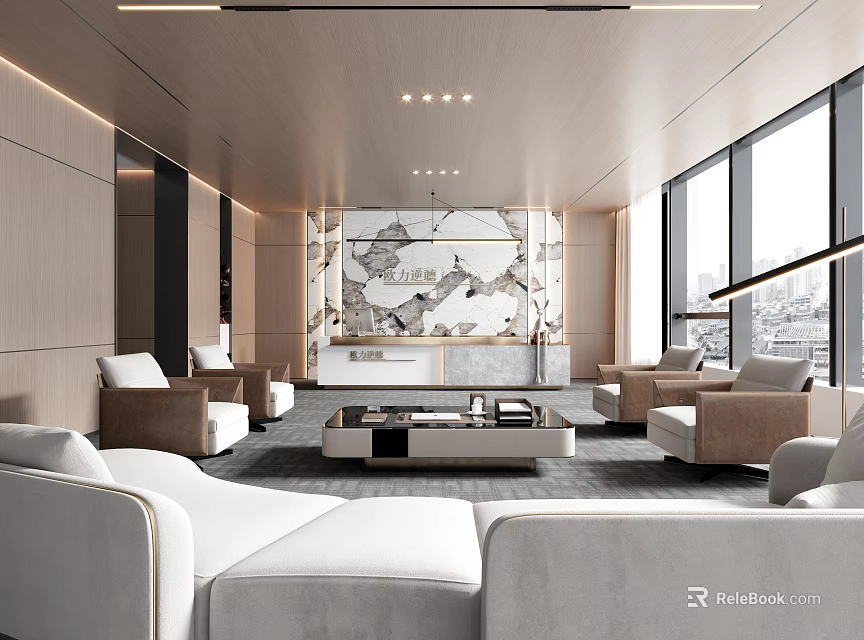 Modern Reception Desk Interior Design With Stylish Lighting Decorative Wall And Seating 3d model 