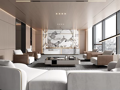 Modern Reception Desk Interior Design With Stylish Lighting Decorative Wall And Seating 3d model