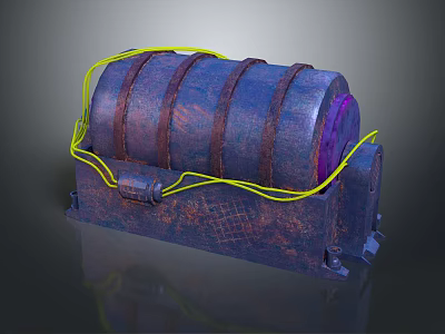 Rusty Barrel Shaped Industrial Equipment With Yellow Cables And Purple Center On Metal Base 3d model