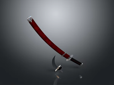 Traditional Japanese Katana Weapon With Red Scabbard And Silver Accents On Gray Background 3d model