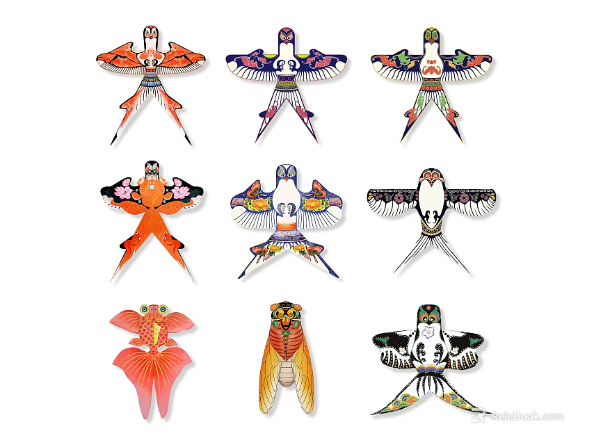 Colorful Traditional Kites Collection With Various Shapes And Intricate Patterns 3d model 